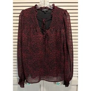 Haver Red/Blk Cheetah Long Sleeve Chiffon Blouse V/Tie Neck‎ Size S Smocked Boho